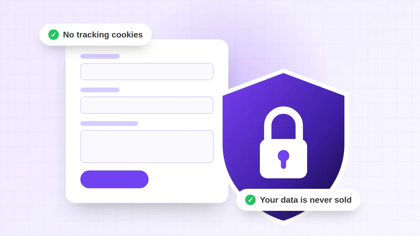 An enquiry form beside a padlock shield, with the notes “No tracking cookies” and “Your data is never sold”