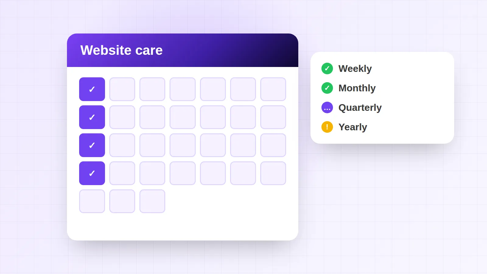 Website maintenance checklist illustration: a website care calendar with weekly ticks, next to a list of weekly, monthly, quarterly and yearly jobs